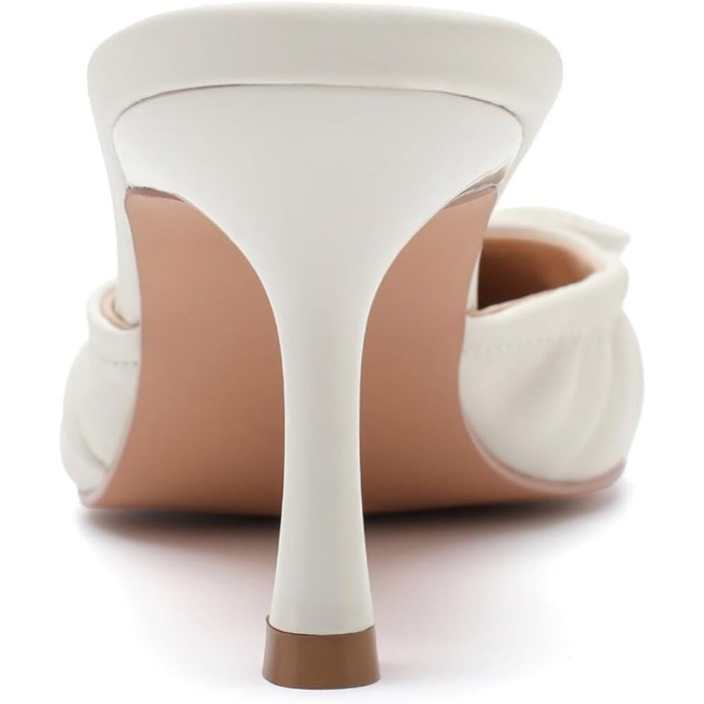 Women's White Dressy Pointed Toe Bow Heeled Sandals Mules Sexy Kitten Heels - Picture 7 of 7